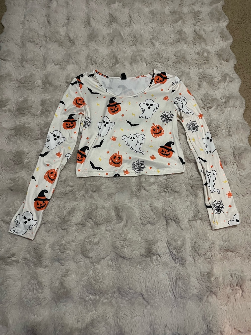 White Halloween Ghost & Pumpkin Long Sleeve Crop Top, Size XS.